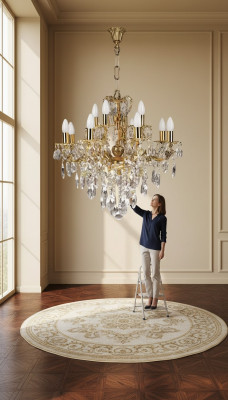 Lámpara de techo de lujo, candelabros, lámpara de techo, cristal, oro.