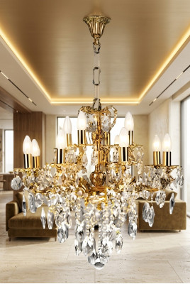 Lámpara de techo de lujo, candelabros, lámpara de techo, cristal, oro.