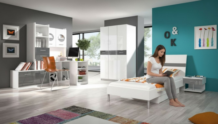 Sala de niños gris completo Cama individual Armario Cómoda Conjunto de 5 piezas para habitación juvenil