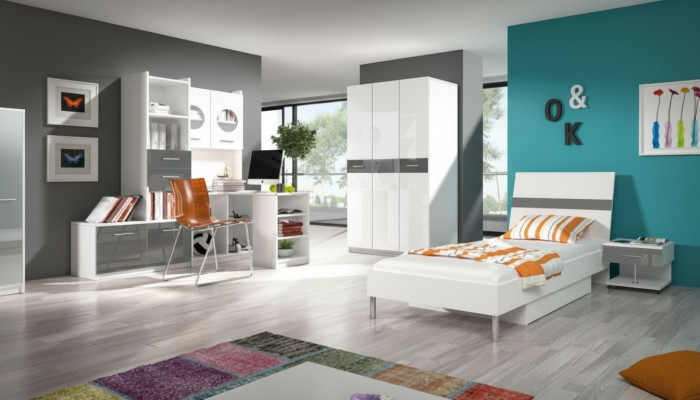 Sala de niños gris completo Cama individual Armario Cómoda Conjunto de 5 piezas para habitación juvenil