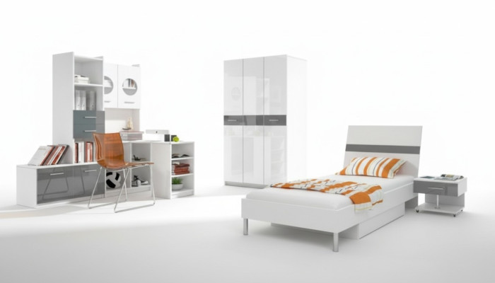 Sala de niños gris completo Cama individual Armario Cómoda Conjunto de 5 piezas para habitación juvenil