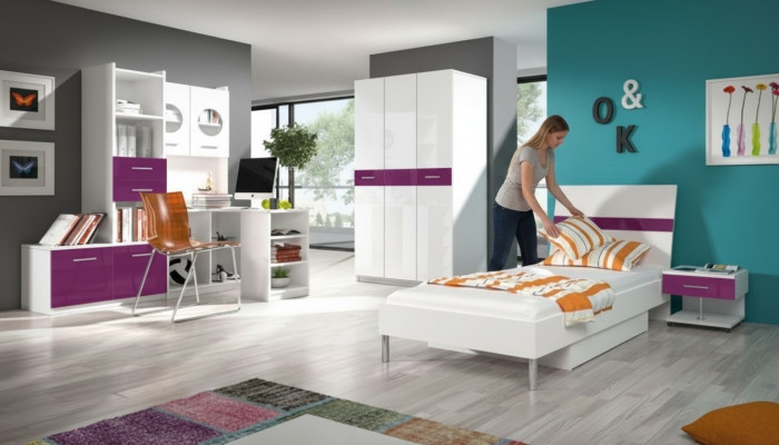 Conjunto juvenil de dormitorio lila moderno con armario, mesa, 5 piezas.