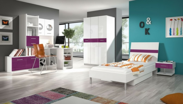 Conjunto juvenil de dormitorio lila moderno con armario, mesa, 5 piezas.