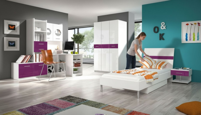 Cama + mesita de noche dormitorio juvenil infantil set muebles lila 2 piezas.