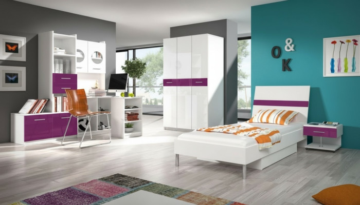 Cama + mesita de noche dormitorio juvenil infantil set muebles lila 2 piezas.
