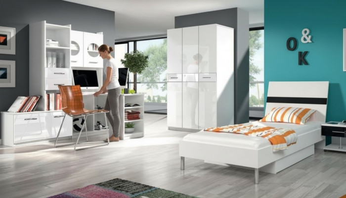 Juego de habitación infantil blanco armario cómoda mesa madera alto brillo 5 piezas.