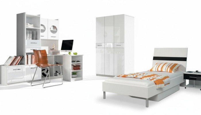 Juego de habitación infantil blanco armario cómoda mesa madera alto brillo 5 piezas.