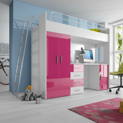 Litera doble de madera rosa para niñas con escritorio y armario brillante.