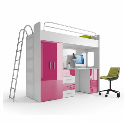 Litera doble de madera rosa para niñas con escritorio y armario brillante.