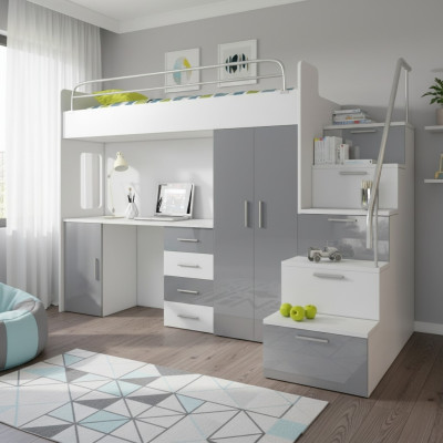 Litera doble gris, mesa armario multifunción litera alta habitación infantil