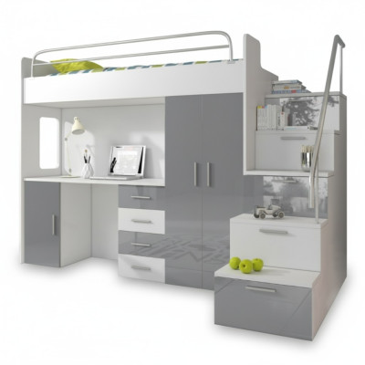 Litera doble gris, mesa armario multifunción litera alta habitación infantil