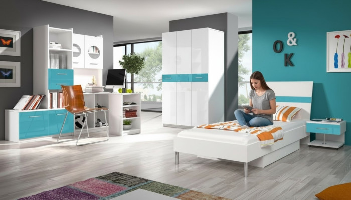 Cama + mesita de noche dormitorio juvenil habitación infantil conjunto muebles azul 2 piezas.