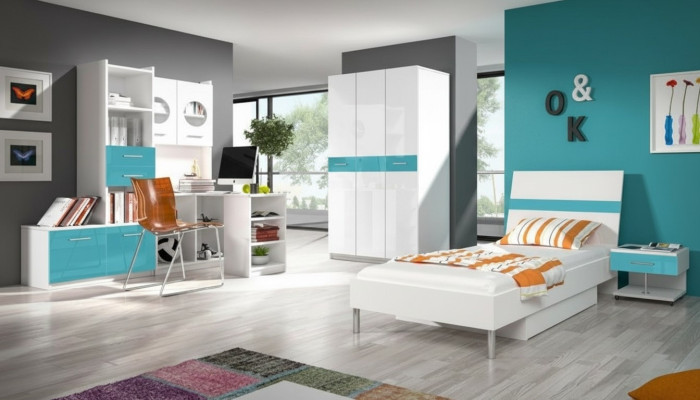 Cama + mesita de noche dormitorio juvenil habitación infantil conjunto muebles azul 2 piezas.