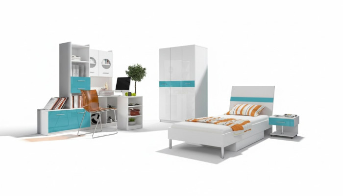 Cama + mesita de noche dormitorio juvenil habitación infantil conjunto muebles azul 2 piezas.