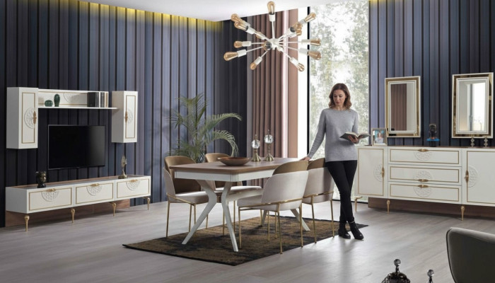 Conjunto de comedor: mesa de comedor 4 sillas, cómoda, grupo de mesa 8 piezas.