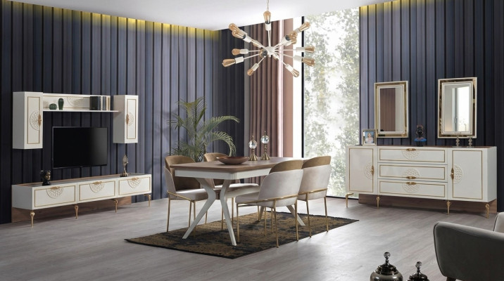 Conjunto de comedor: mesa de comedor 4 sillas, cómoda, grupo de mesa 8 piezas.