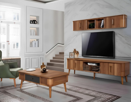 rtv tv Aparador de cuero de madera Mesa Armario de televisión Mesa Diseño Low 2 piezas. Conjunto Nuevo