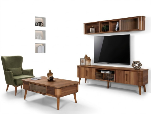 rtv tv Aparador de cuero de madera Mesa Armario de televisión Mesa Diseño Low 2 piezas. Conjunto Nuevo