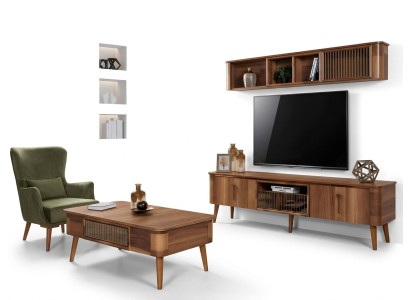 rtv tv Aparador de cuero de madera Mesa Armario de televisión Mesa Diseño Low 2 piezas. Conjunto Nuevo