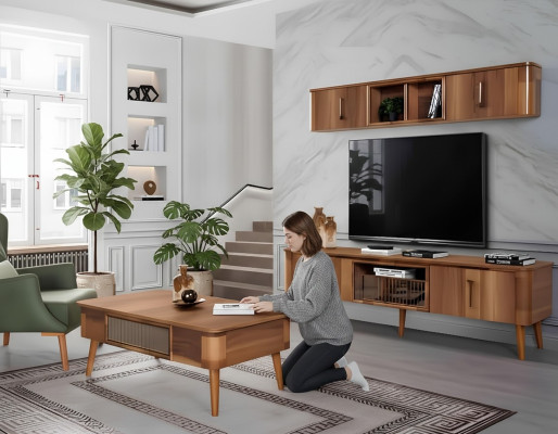 Mueble de salón moderno de madera en estilo TV, estantería, mueble de salón moderno nuevo.