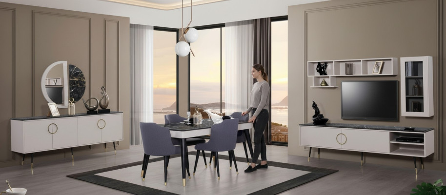 Juego completo de comedor de 7 piezas. Conjunto de aparador de comedor moderno. Mesa y 4 sillas.