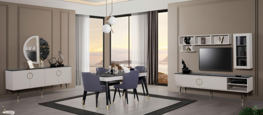 Juego completo de comedor de 7 piezas. Conjunto de aparador de comedor moderno. Mesa y 4 sillas.