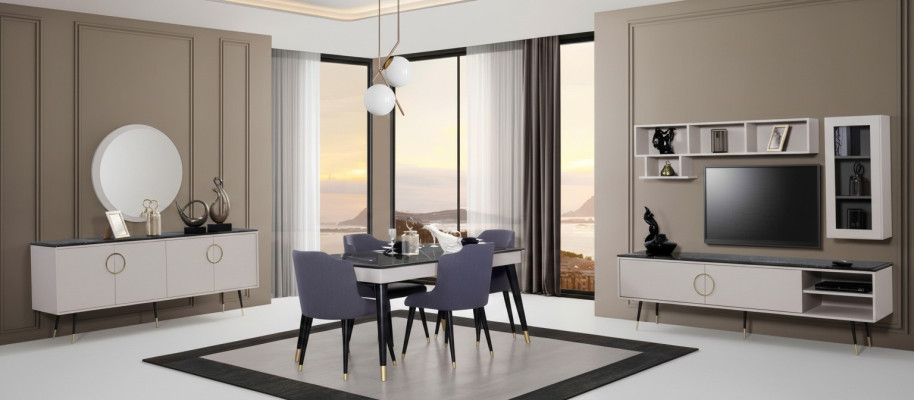 Juego completo de comedor de 7 piezas. Conjunto de aparador de comedor moderno. Mesa y 4 sillas.