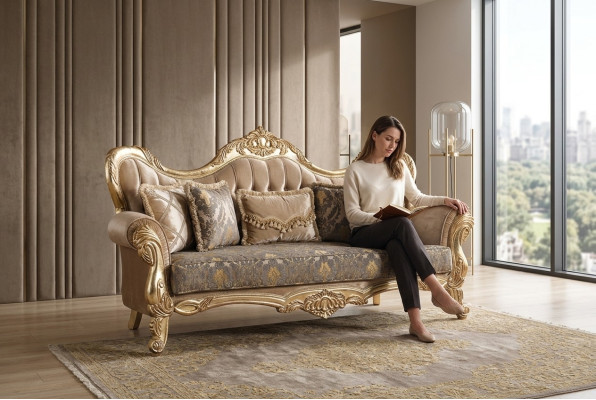 Chesterfield barroco sofá de tres plazas tela dorada en español es: Chesterfield sofá barroco de tres plazas tela oro.