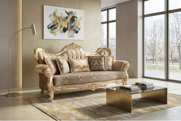 Chesterfield barroco sofá de tres plazas tela dorada en español es: Chesterfield sofá barroco de tres plazas tela oro.