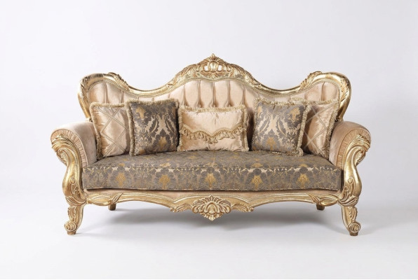 Chesterfield barroco sofá de tres plazas tela dorada en español es: Chesterfield sofá barroco de tres plazas tela oro.
