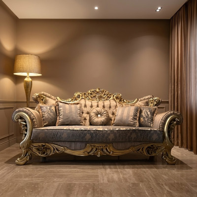 Chesterfield Barock Sofá de tres plazas en tela de sofá de tela dorada.