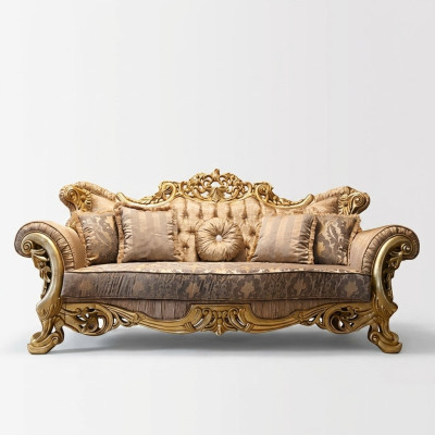 Chesterfield Barock Sofá de tres plazas en tela de sofá de tela dorada.