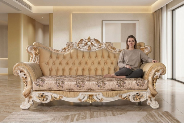 Chesterfield sofá barroco de tres plazas, mueble sofá tela beige