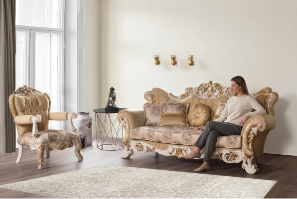 Sala de estar, sofá de lujo beige, conjunto de sofás, sofás, sillón 3+1 plazas, diseño de tela.