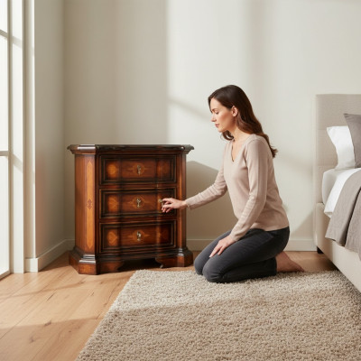 Mesa auxiliar clásica de noche en diseño marrón, cómoda de noche, mesita de noche, muebles.