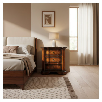 Mesa auxiliar clásica de noche en diseño marrón, cómoda de noche, mesita de noche, muebles.
