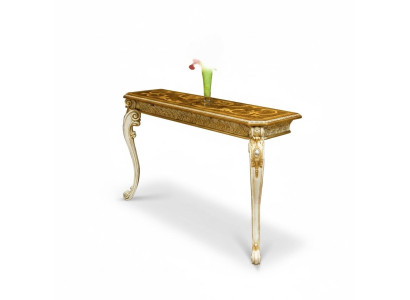 Mesa consola de estilo rústico clásico con patas talladas en aspecto dorado.