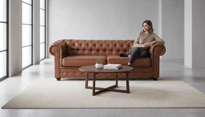 Sofá de tres plazas de tela marrón, mueble de sofá decorativo con tapicería.