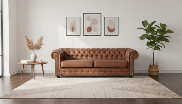 Sofá de tres plazas de tela marrón, mueble de sofá decorativo con tapicería.