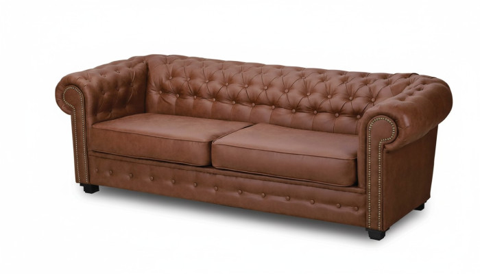 Sofá de tres plazas de tela marrón, mueble de sofá decorativo con tapicería.