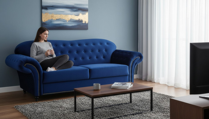 Sofá de tres plazas tela Azul Sofá Acolchado Muebles Decoración Sofás Sofás