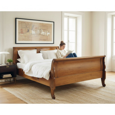 Cama Camas Cama doble Dormitorio Madera Tapizado Marrón Camas dobles Nuevo