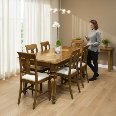 Muebles de mesa de comedor de diseñador en diseño clásico de comedor en madera.