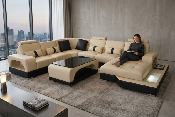 Sofá de cuero Diseño de sofá moderno Sofá de esquina de salón + mesa Asientos de sofá con USB