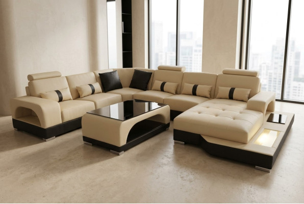 Sofá de cuero Diseño de sofá moderno Sofá de esquina de salón + mesa Asientos de sofá con USB