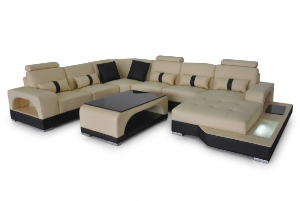 Sofá de cuero Diseño de sofá moderno Sofá de esquina de salón + mesa Asientos de sofá con USB