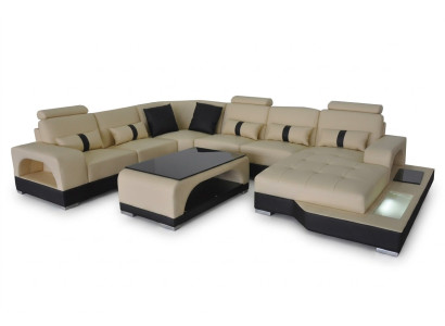 Sofá de cuero Diseño de sofá moderno Sofá de esquina de salón + mesa Asientos de sofá con USB