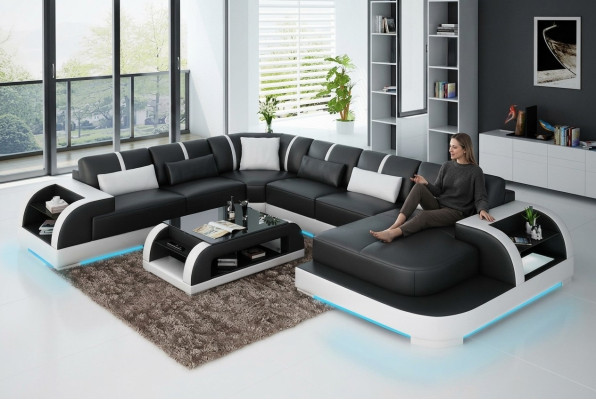 Sofá de cuero moderno con diseño de salón en forma de U, esquinero con iluminación LED y USB.