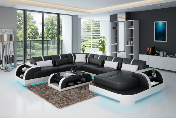 Sofá de cuero moderno con diseño de salón en forma de U, esquinero con iluminación LED y USB.