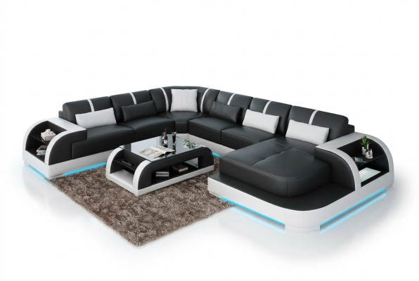 Sofá de cuero moderno con diseño de salón en forma de U, esquinero con iluminación LED y USB.